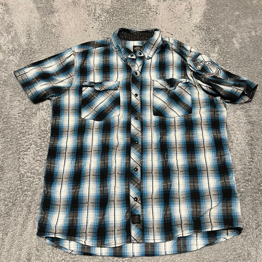 Harley Davidson Shirt Mens XL Blue Plaid Snap Front Western Pocket SS